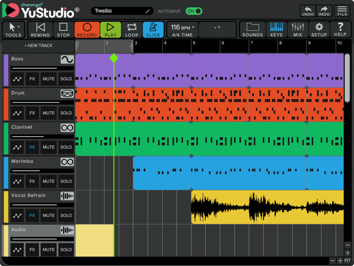 Screenshot of the main view in YuStudio, featuring a project with lots of different intrument and audio tracks.