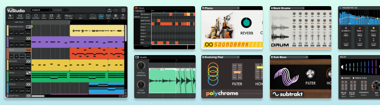 Screenshots from YuStudio highlighting some of the DAW's features